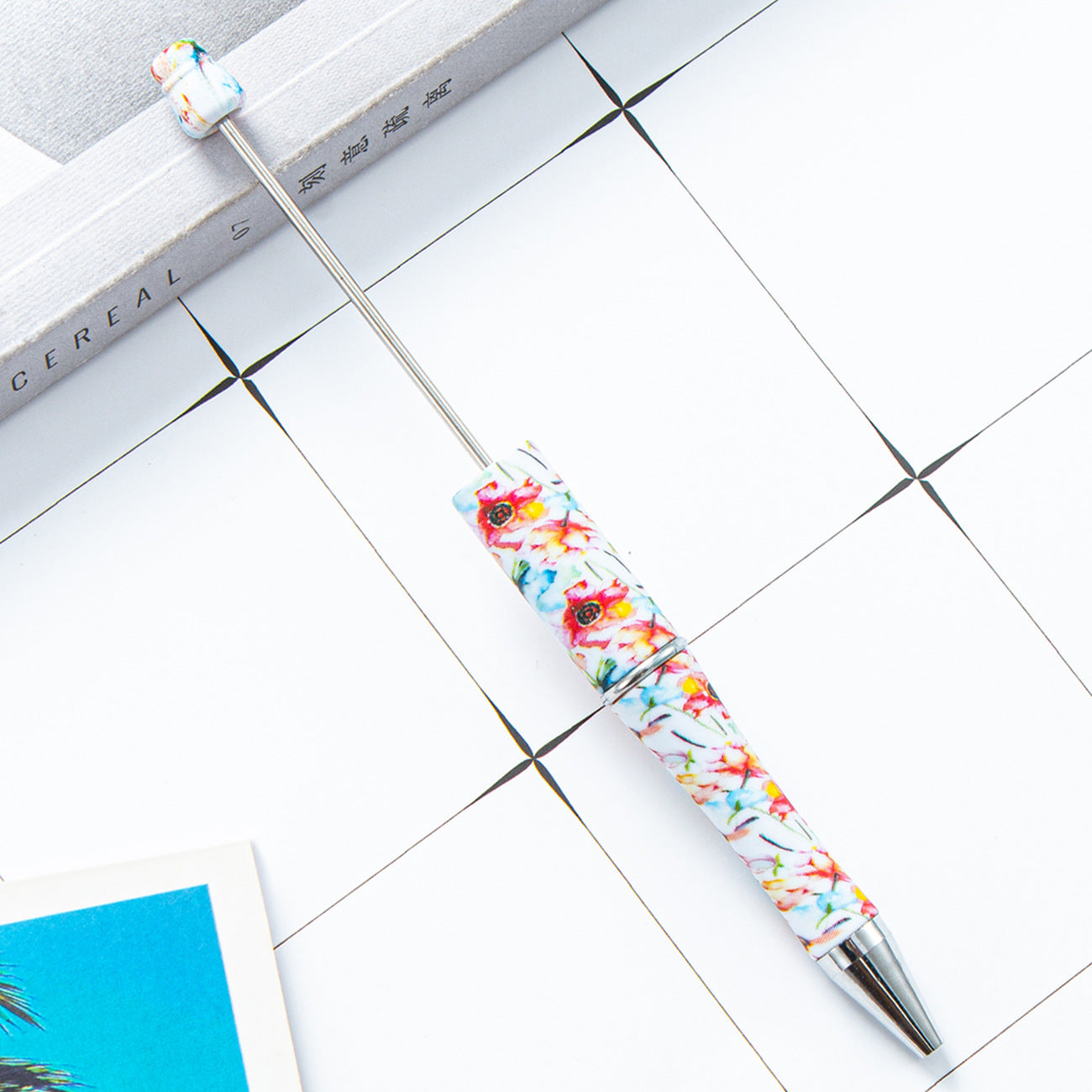 Stock plastic beaded pen wholesale creative diy handmade plastic beaded pen water transfer cartoon flower ballpoint pen