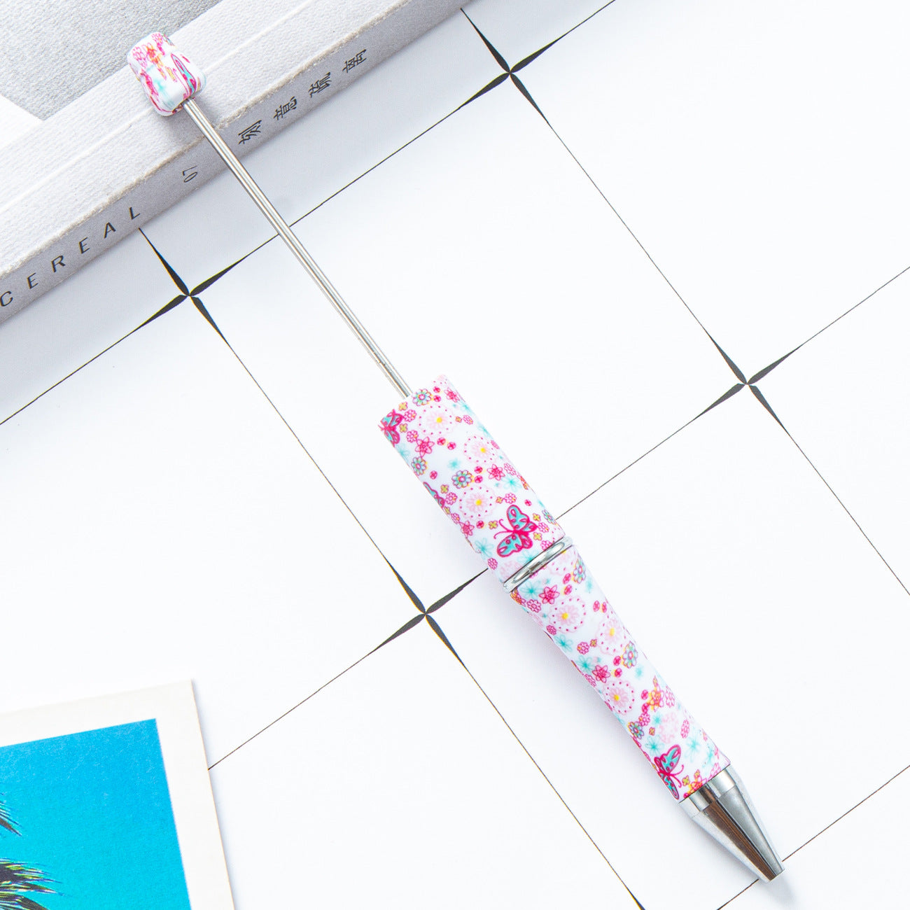 Stock plastic beaded pen wholesale creative diy handmade plastic beaded pen water transfer cartoon flower ballpoint pen