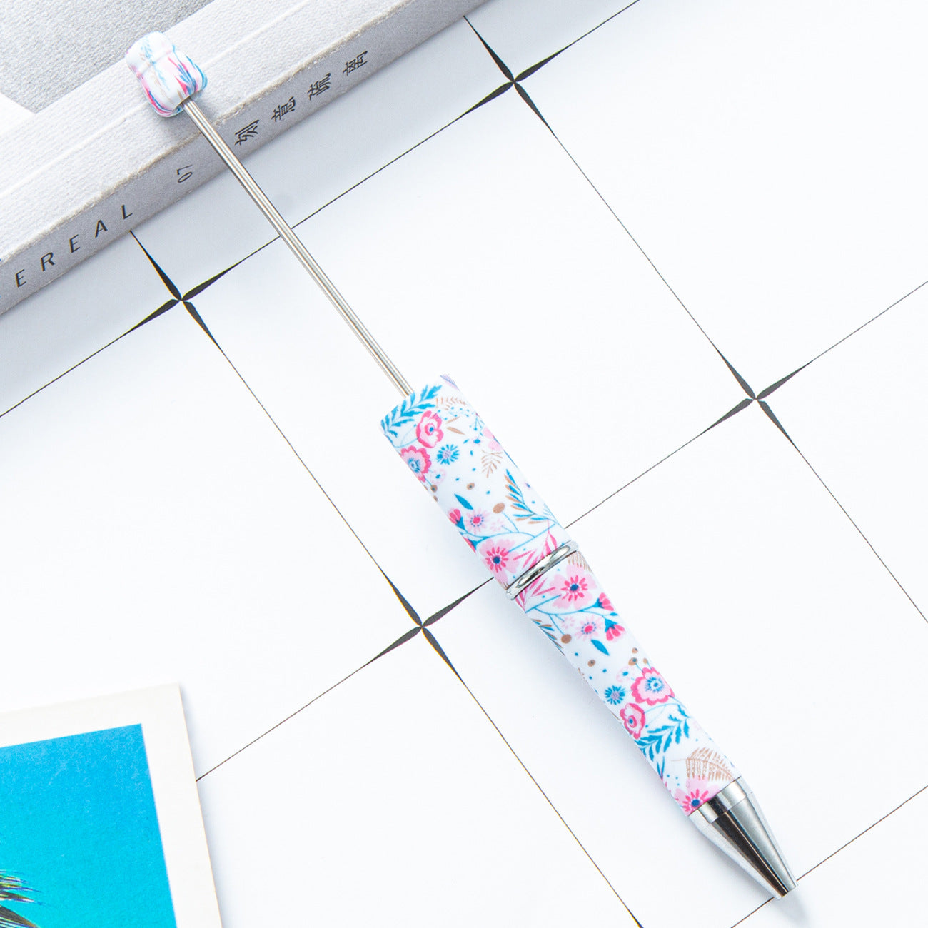 Stock plastic beaded pen wholesale creative diy handmade plastic beaded pen water transfer cartoon flower ballpoint pen